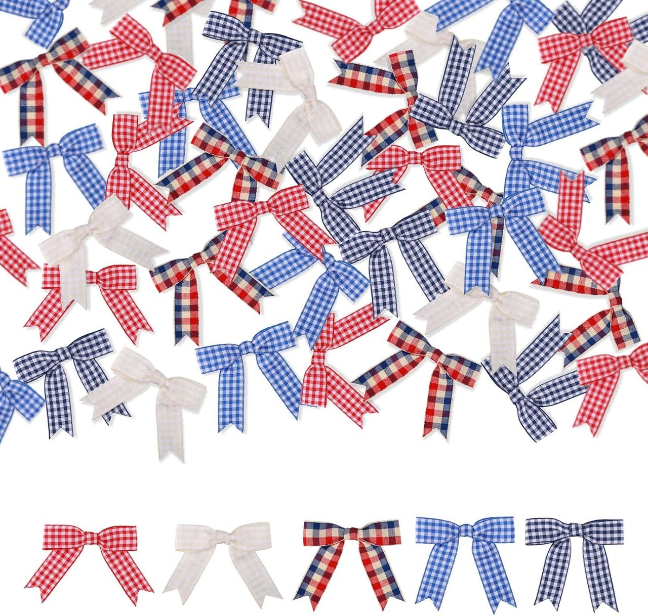 50 Pcs Gingham Ribbon Bows with Twist Tie 2.5" Red Navy Blue Royal Blue White Buffalo Check Premade Bows for Gift Wrapping Basket Wedding Baby Shower Brithday Party (2.5", RWB)